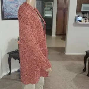 Women's Long Sleeve Popcorn Knit Cardigan - Soft Open Front Sweater With Pockets (Brown, Medium)
